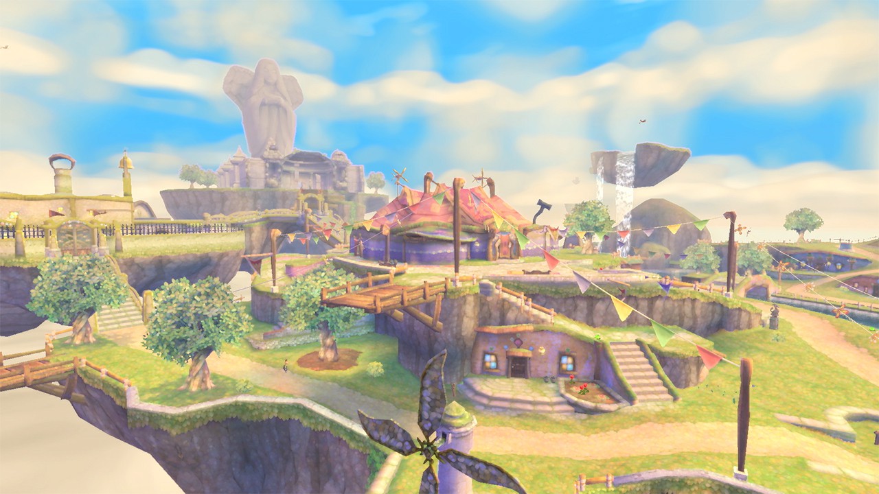 Vista de Skyloft, com casas, pontes e a estátua da deusa em Skyward Sword HD.