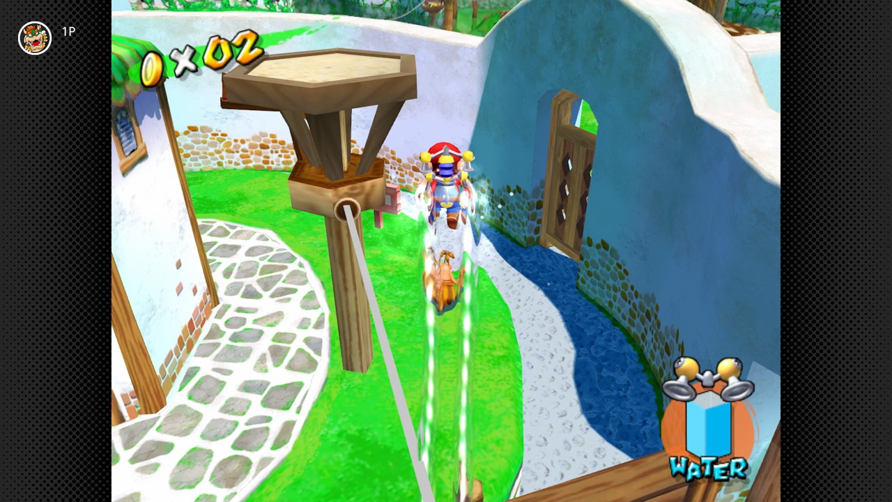 Mario usa a FLUDD para alcançar uma área elevada em Super Mario Sunshine