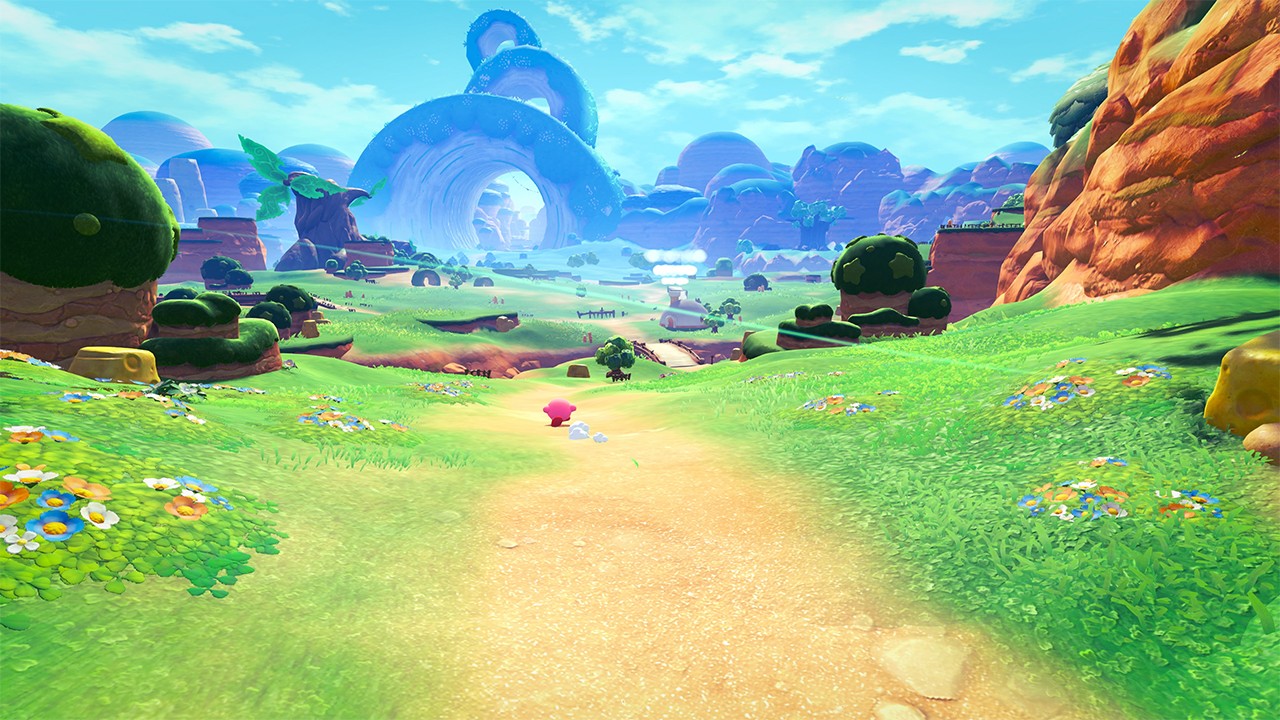 Kirby traverse un vaste environnement 3D dans Kirby and the World Beyond