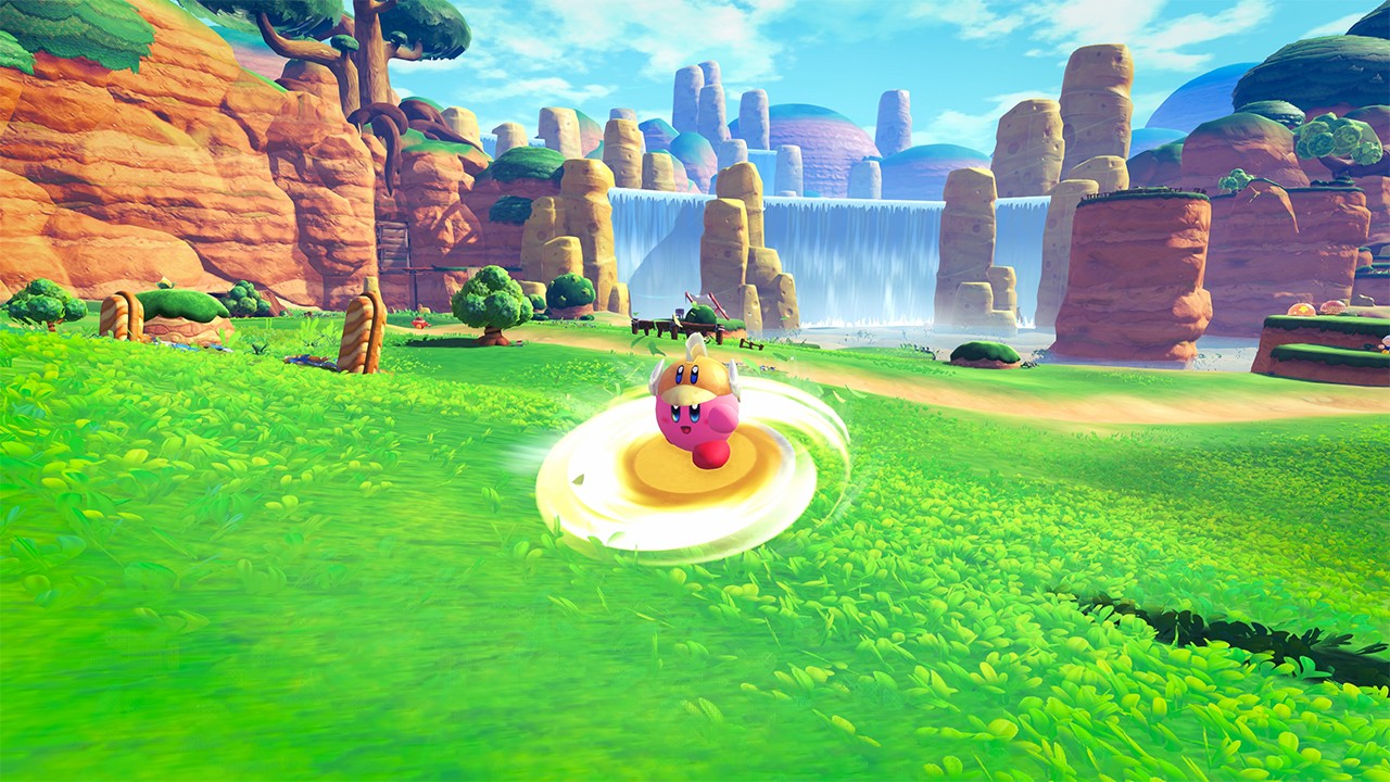 Kirby utilise la capacité Cutter dans le monde 3D de Kirby and the World Beyond