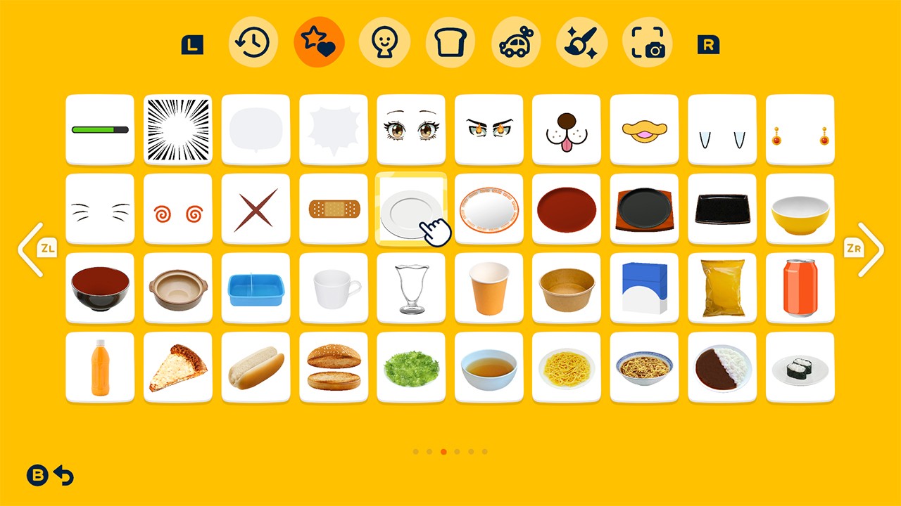 Screenshot ufficiale giapponese di Tomodachi Life con cibi disponibili come timbri di design
