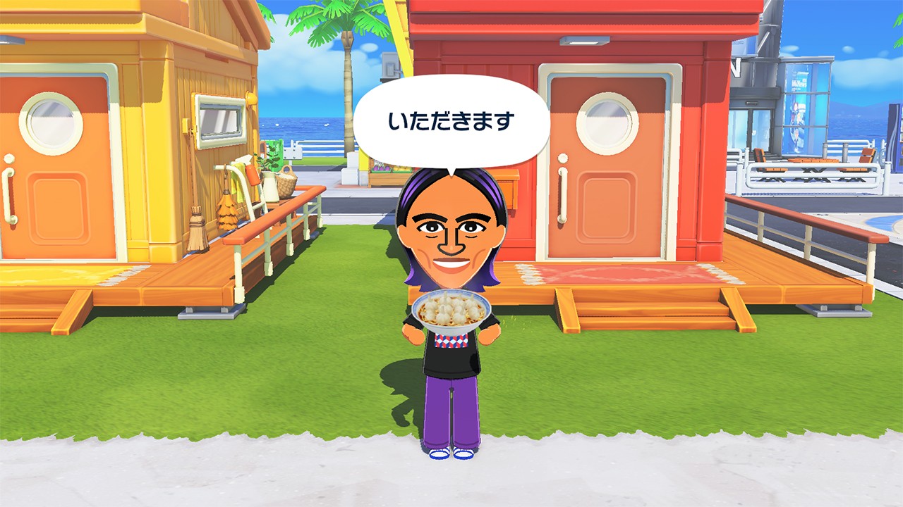 Screenshot ufficiale di Tomodachi Life che mostra un residente mentre riceve un piatto finito